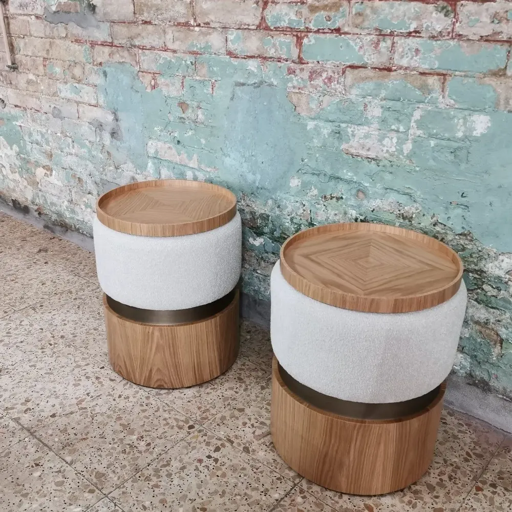 Stools for hospitalities & contracts - Lune B Round Pouf diam 40cm, Fabric seat, Brass & wood Base - DUISTT