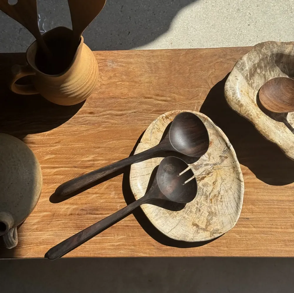 Cutlery set - Pair of salad cutlery or cooking utensils in blackened teak L30 - OFFICE OBJETS