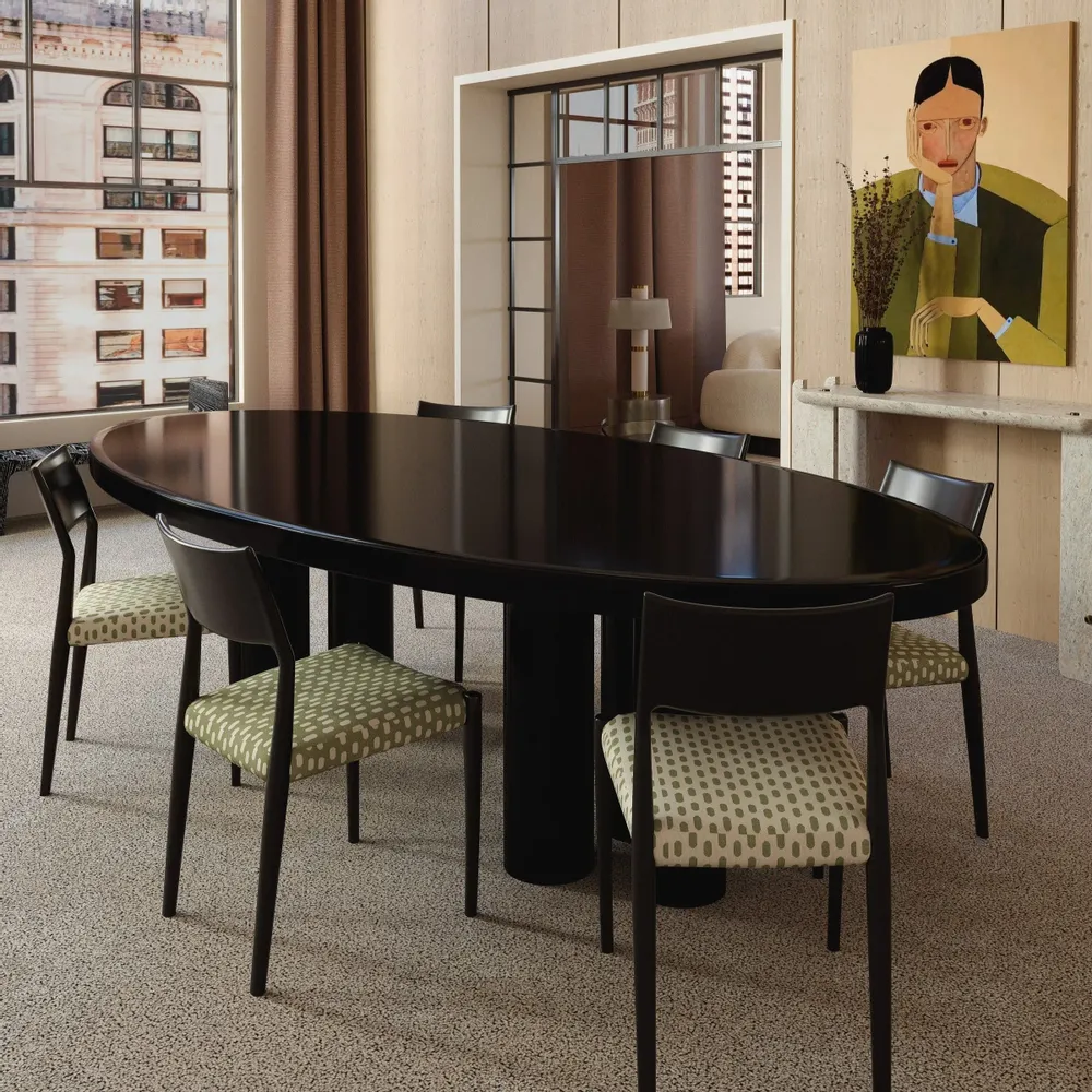 Tables pour hôtels - Table à manger ovale Ray 300 x 115 cm – Sycomore frisé gris & laiton - DUISTT
