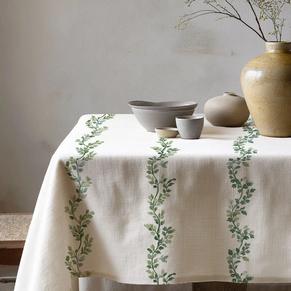 Table linen - 100% linen tablecloth KLATTE striped green leaves - NORAVILLA