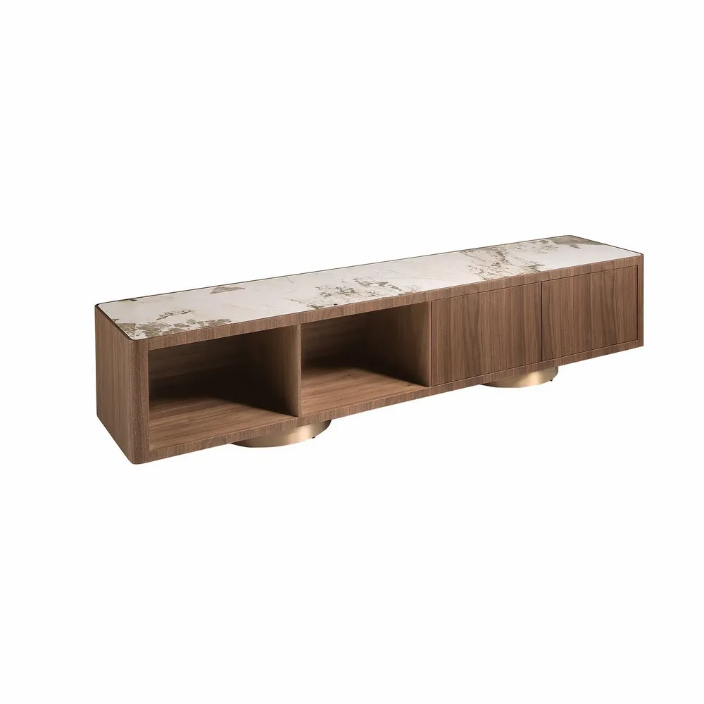 TV stands - TV unit in walnut, polished gold steel and porcelain marble top - ANGEL CERDÁ