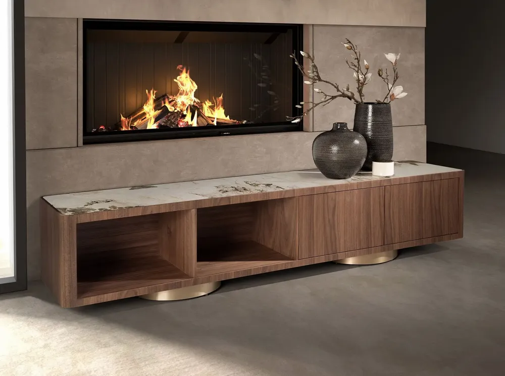 TV stands - TV unit in walnut, polished gold steel and porcelain marble top - ANGEL CERDÁ
