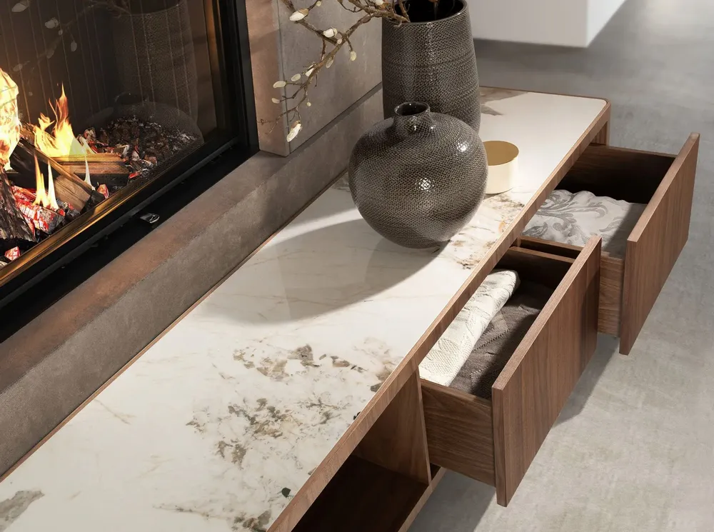 TV stands - TV unit in walnut, polished gold steel and porcelain marble top - ANGEL CERDÁ