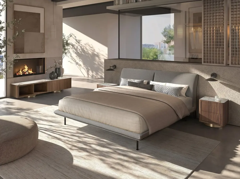 TV stands - TV unit in walnut, polished gold steel and porcelain marble top - ANGEL CERDÁ