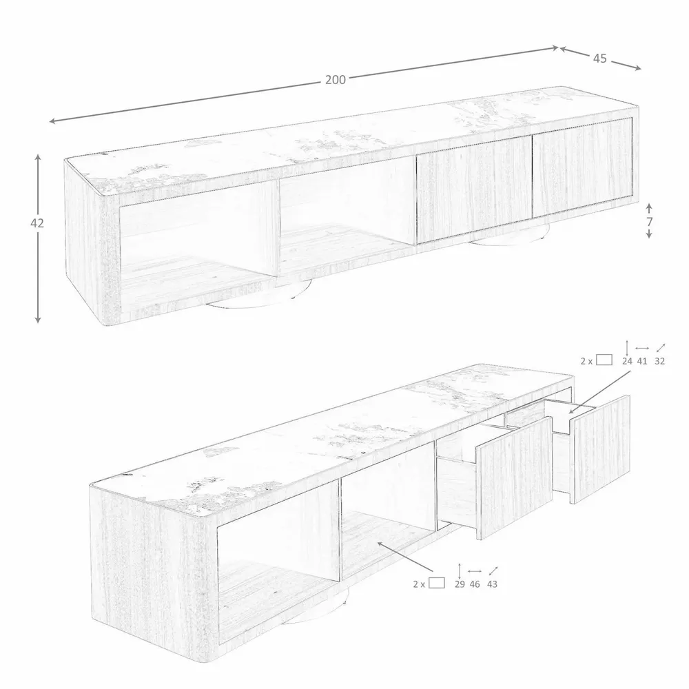 TV stands - TV unit in walnut, polished gold steel and porcelain marble top - ANGEL CERDÁ