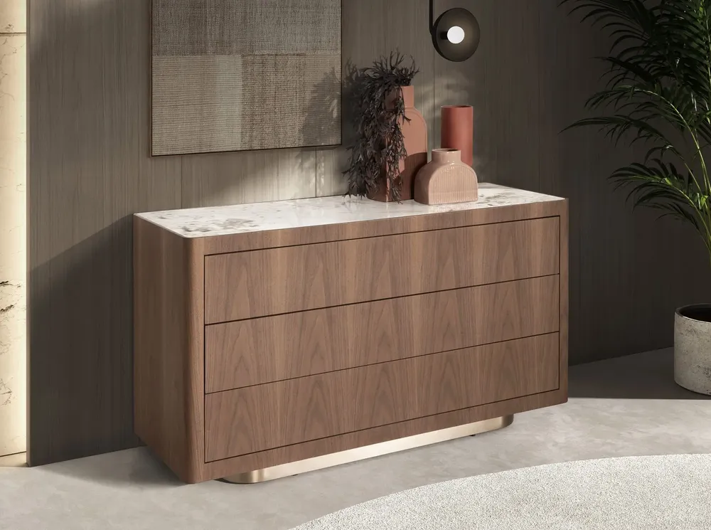 Chests of drawers - Chest of drawers in walnut, polished gold steel and porcelain marble top - ANGEL CERDÁ