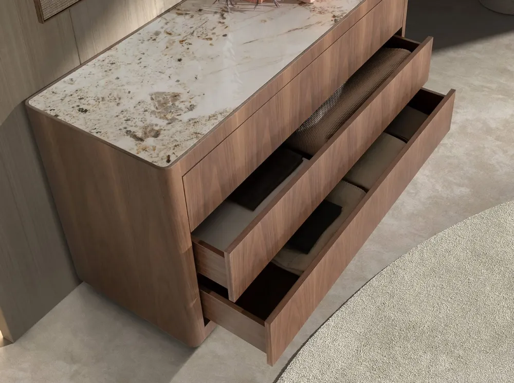 Chests of drawers - Chest of drawers in walnut, polished gold steel and porcelain marble top - ANGEL CERDÁ