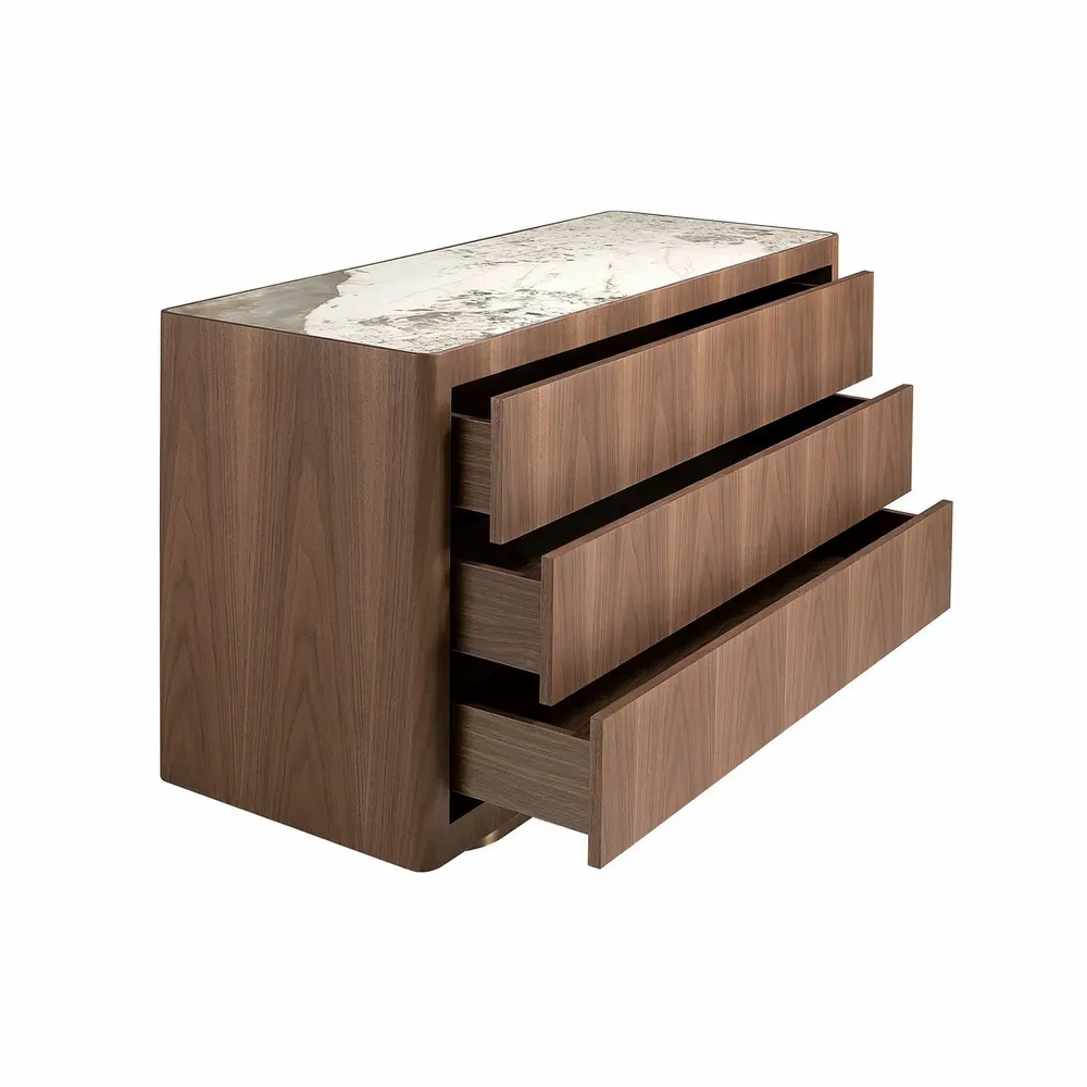 Chests of drawers - Chest of drawers in walnut, polished gold steel and porcelain marble top - ANGEL CERDÁ