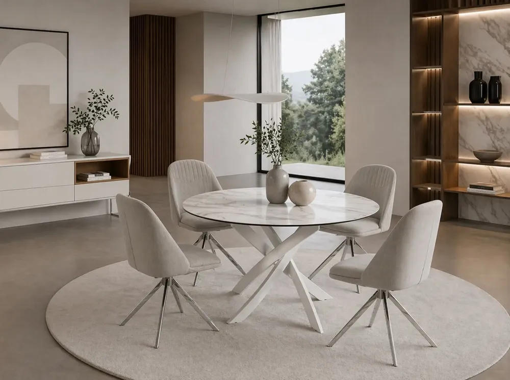 Tables Salle à Manger - Table à manger ronde en marbre céramique et acier blanc - ANGEL CERDÁ
