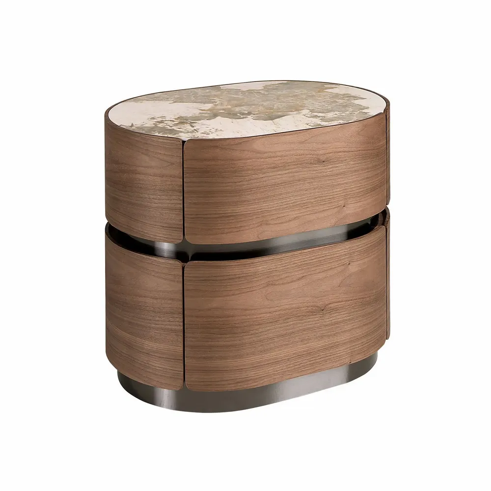 Night tables - Bedside table in walnut, darkened steel base and porcelain marble top - ANGEL CERDÁ