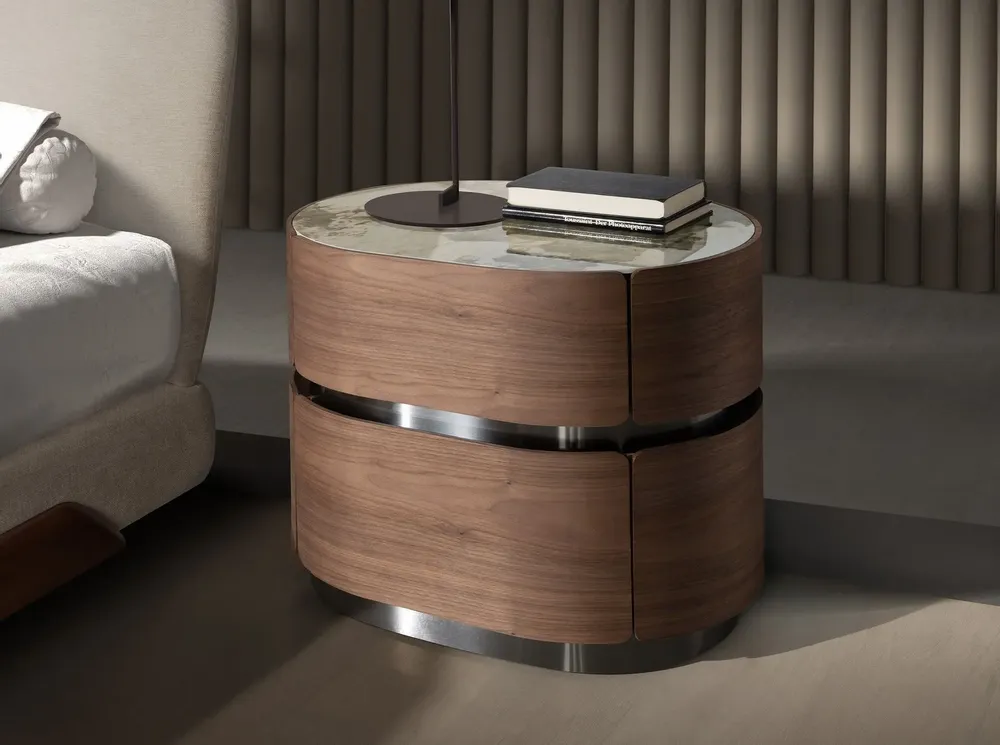 Night tables - Bedside table in walnut, darkened steel base and porcelain marble top - ANGEL CERDÁ