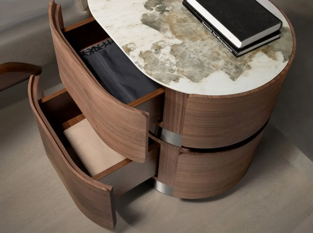 Night tables - Bedside table in walnut, darkened steel base and porcelain marble top - ANGEL CERDÁ
