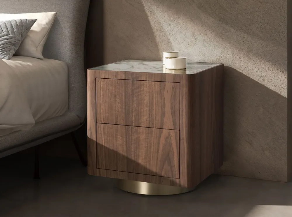 Night tables - Bedside table in walnut, polished gold steel and porcelain marble top - ANGEL CERDÁ