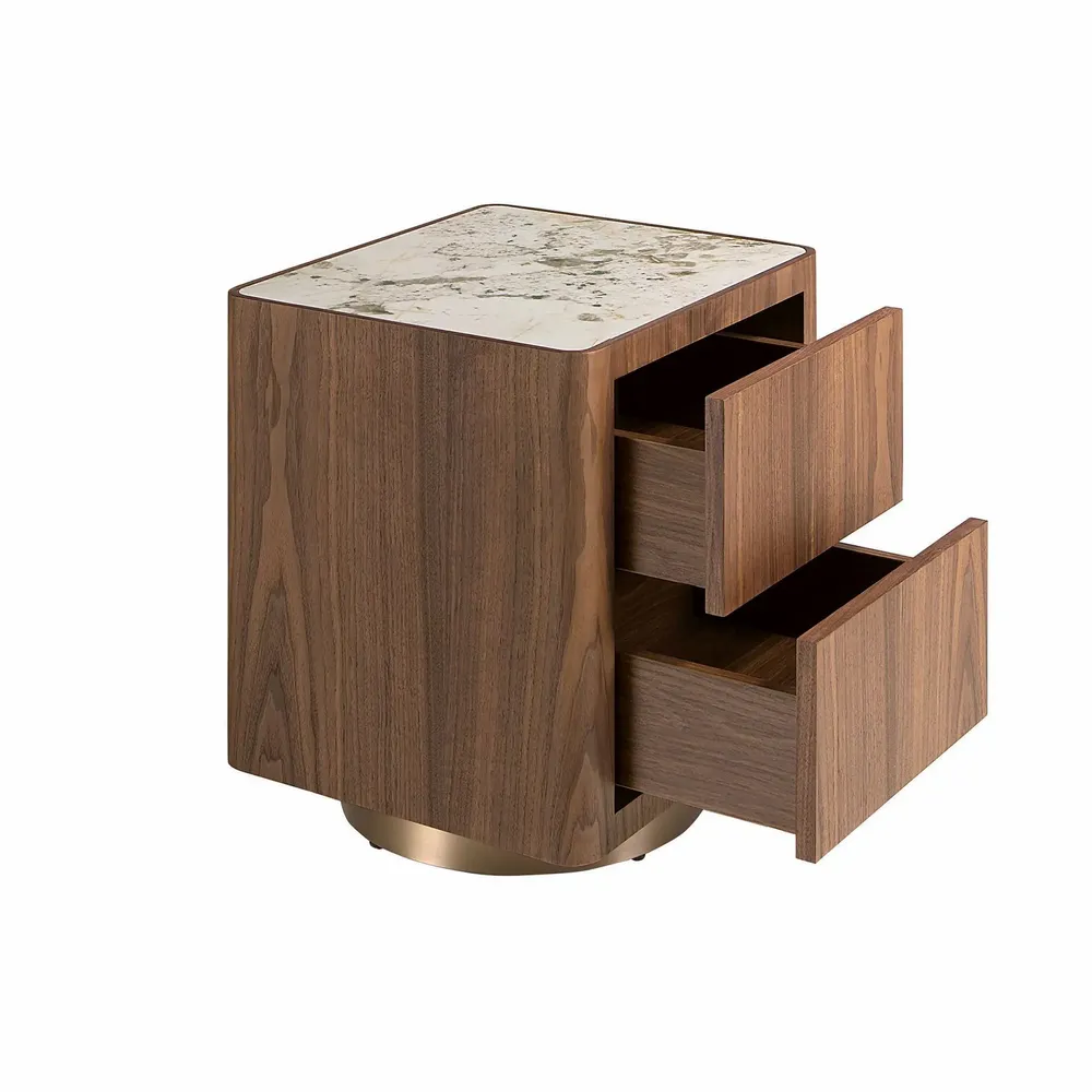 Night tables - Bedside table in walnut, polished gold steel and porcelain marble top - ANGEL CERDÁ