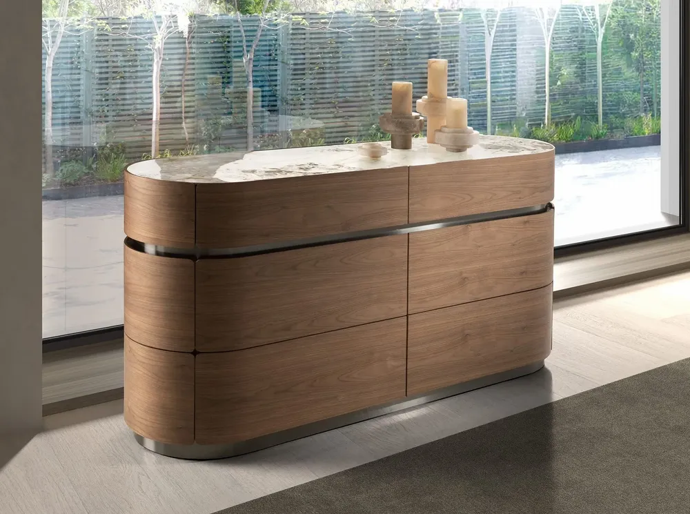 Chests of drawers - Chest of drawers in walnut, darkened steel base and porcelain marble top - ANGEL CERDÁ