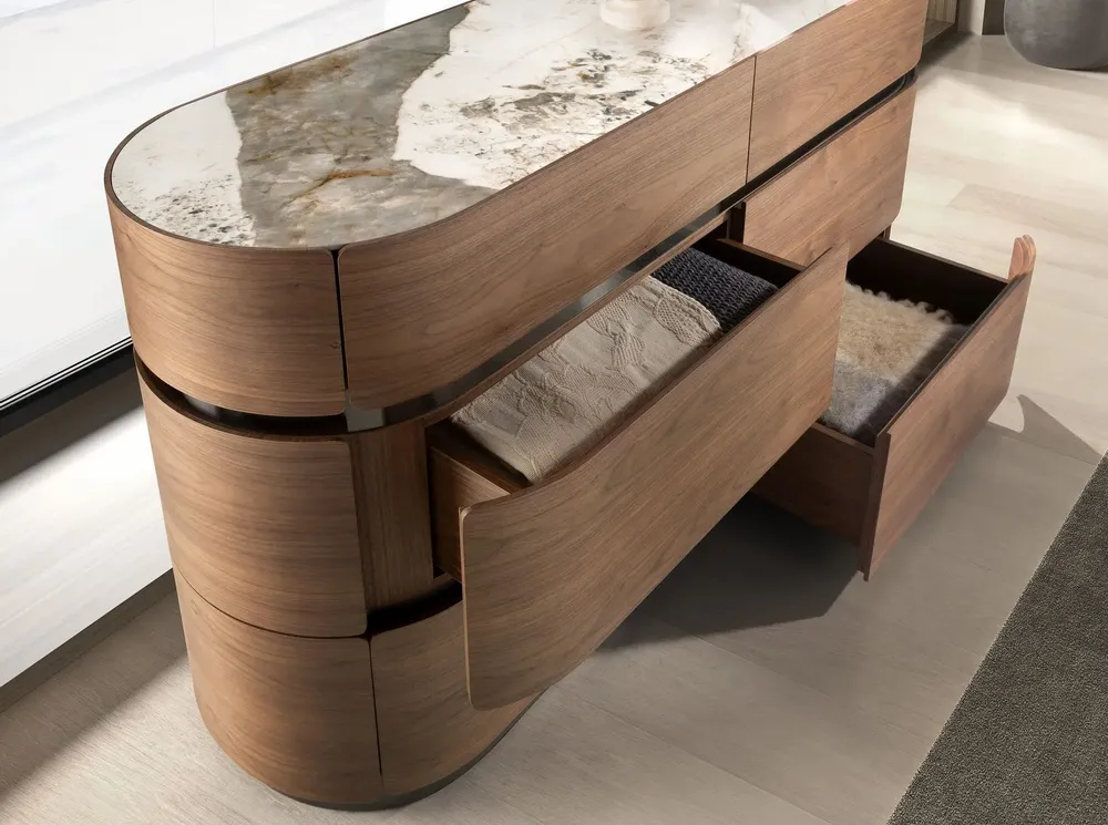 Chests of drawers - Chest of drawers in walnut, darkened steel base and porcelain marble top - ANGEL CERDÁ
