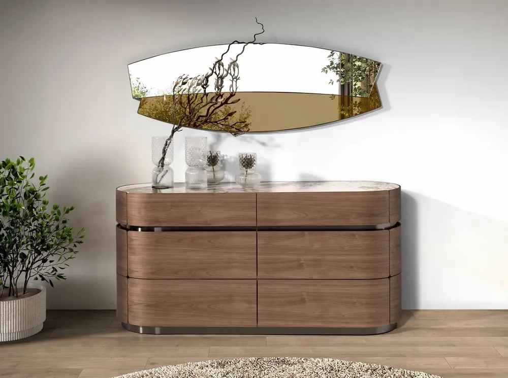 Chests of drawers - Chest of drawers in walnut, darkened steel base and porcelain marble top - ANGEL CERDÁ