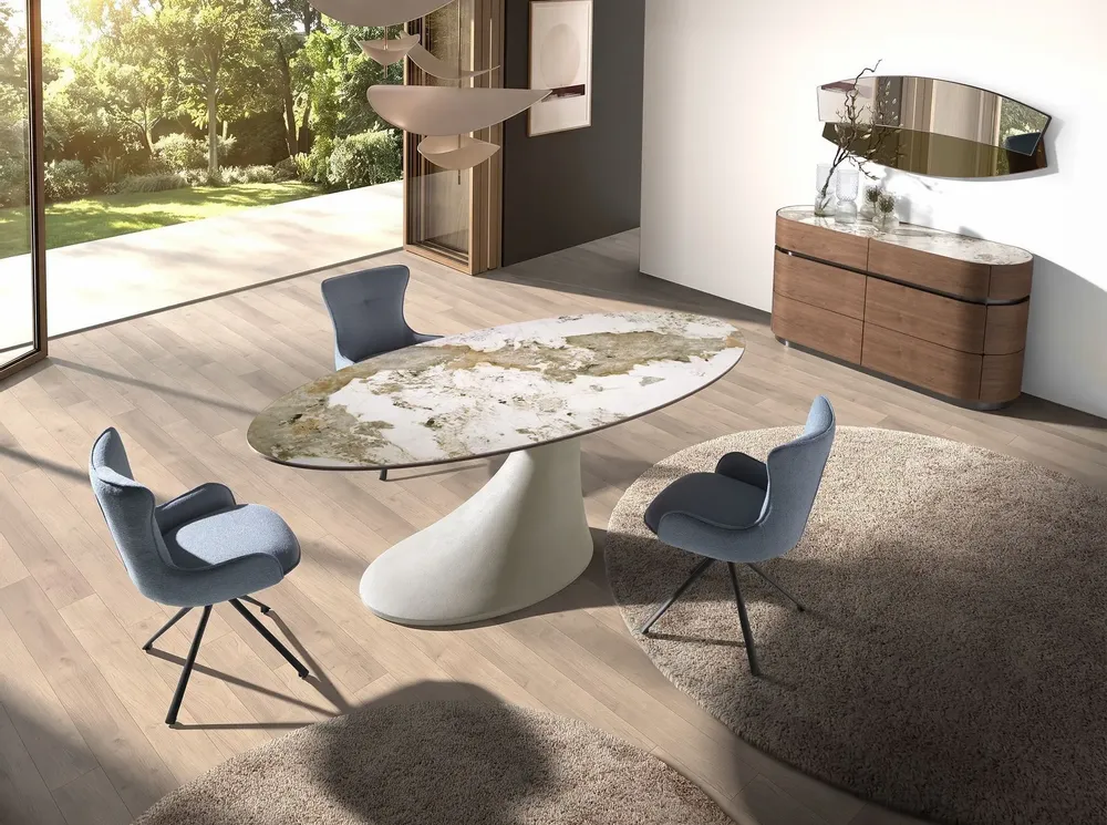 Dining Tables - Oval dining table in porcelain marble and sand-coloured epoxy fiberglass - ANGEL CERDÁ