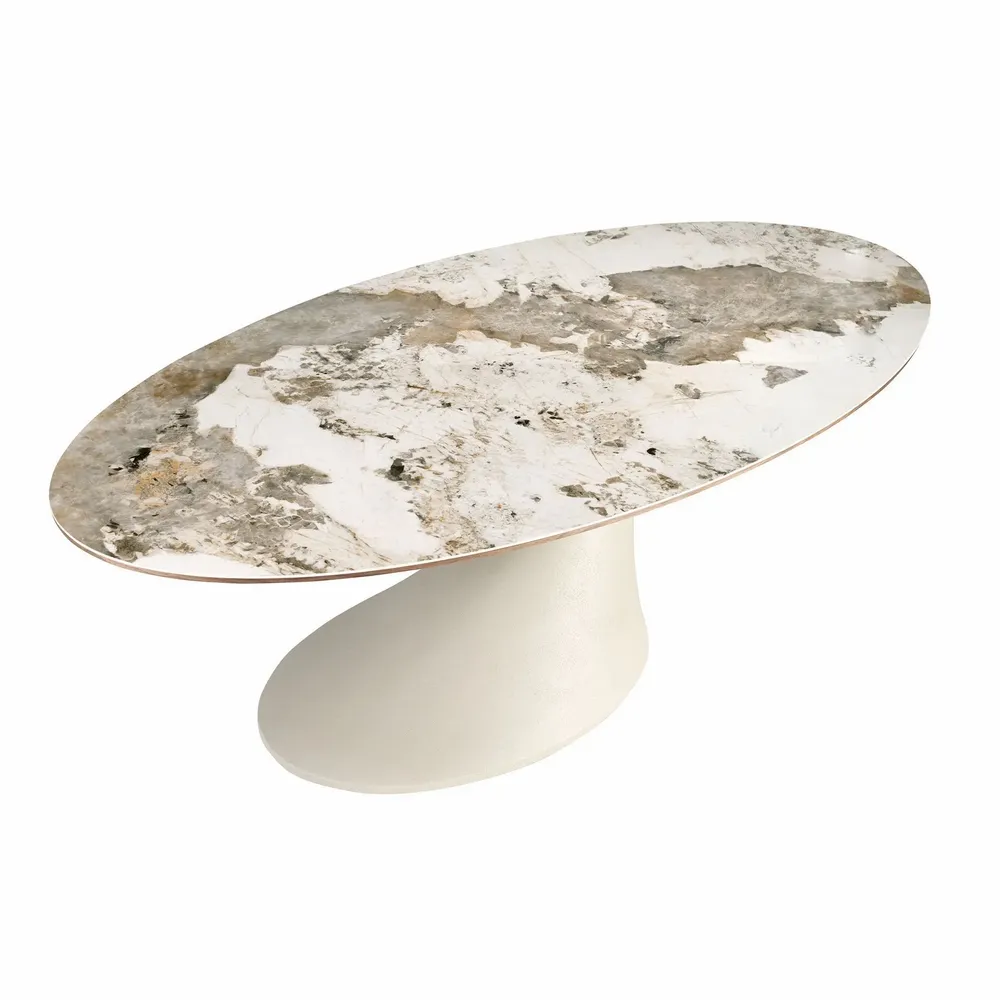 Dining Tables - Oval dining table in porcelain marble and sand-coloured epoxy fiberglass - ANGEL CERDÁ