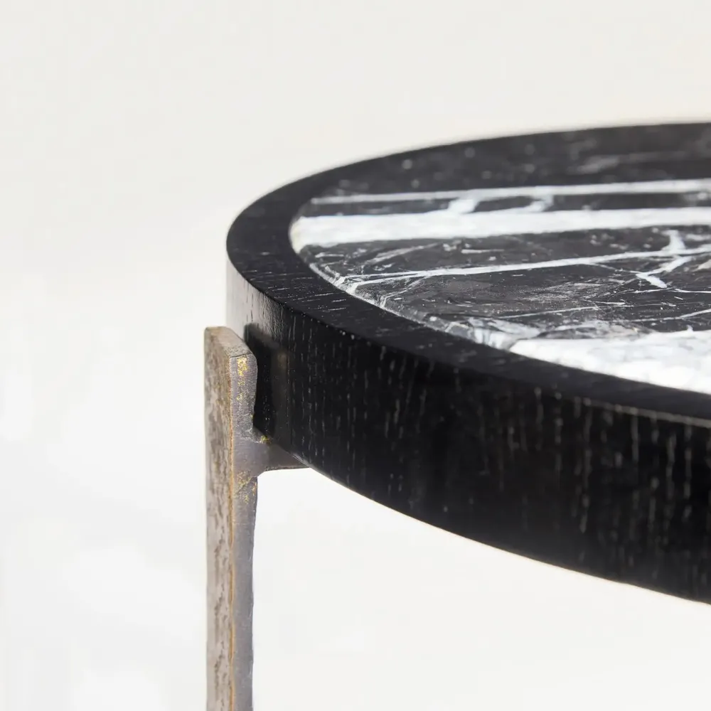 Console table - Ida Round Side Table Black Marble top Sandbrushed Oak, Cast Bronze leg - DUISTT