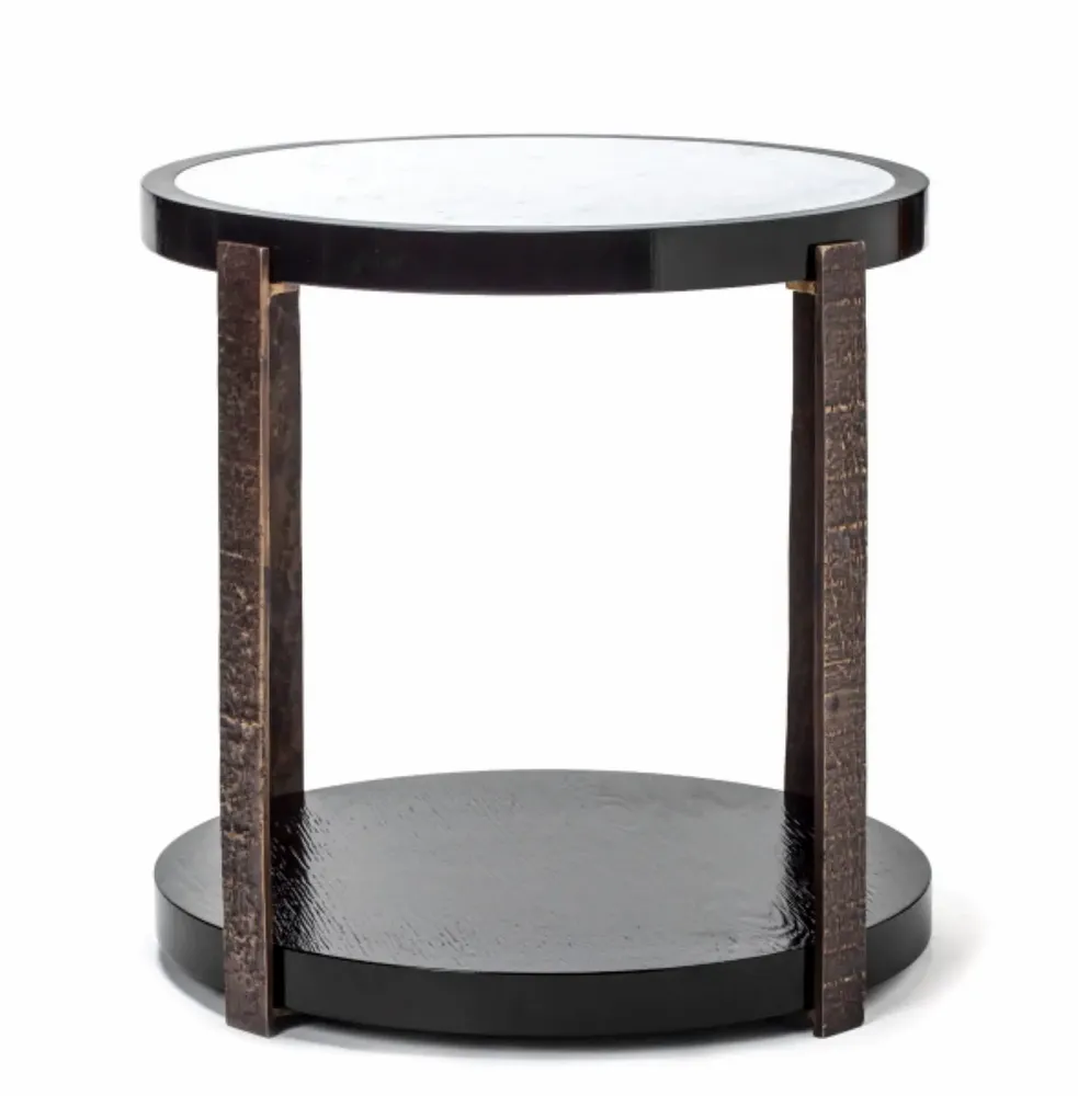 Console table - Ida Round Side Table Black Marble top Sandbrushed Oak, Cast Bronze leg - DUISTT