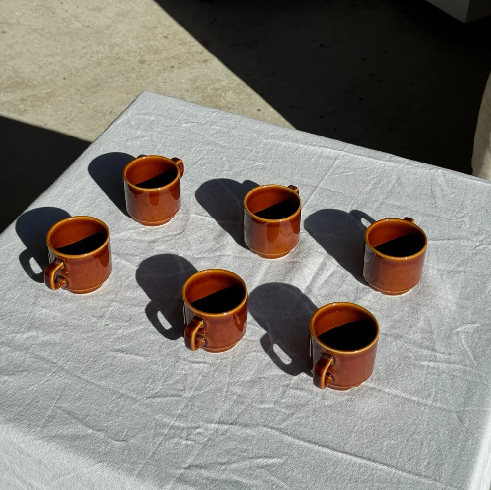 Mugs - Set of 6 vintage glazed brown ceramic espresso cups with saucer - OFFICE OBJETS