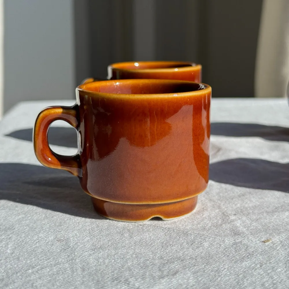 Mugs - Set of 6 vintage glazed brown ceramic espresso cups with saucer - OFFICE OBJETS
