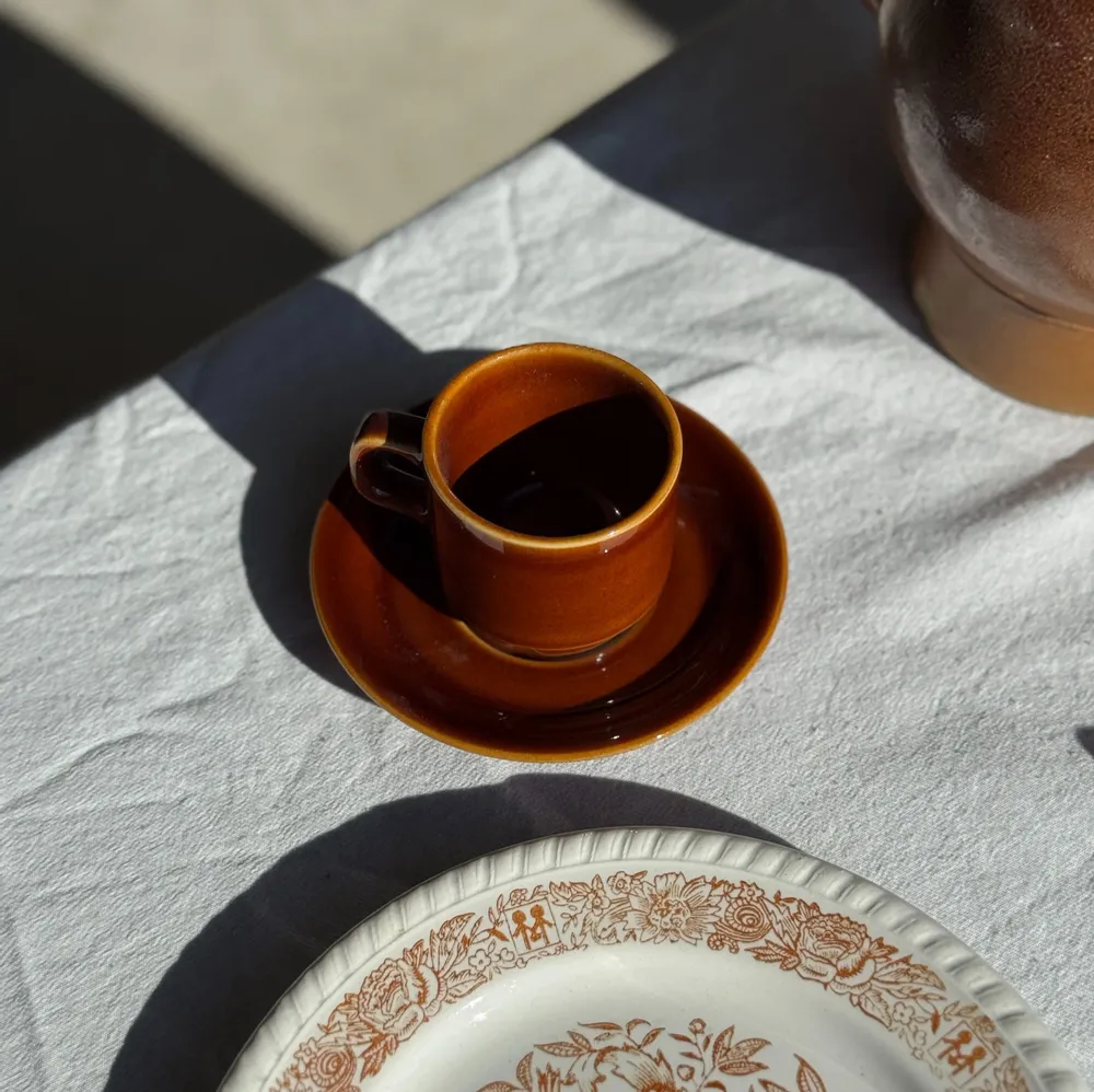Mugs - Set of 6 vintage glazed brown ceramic espresso cups with saucer - OFFICE OBJETS