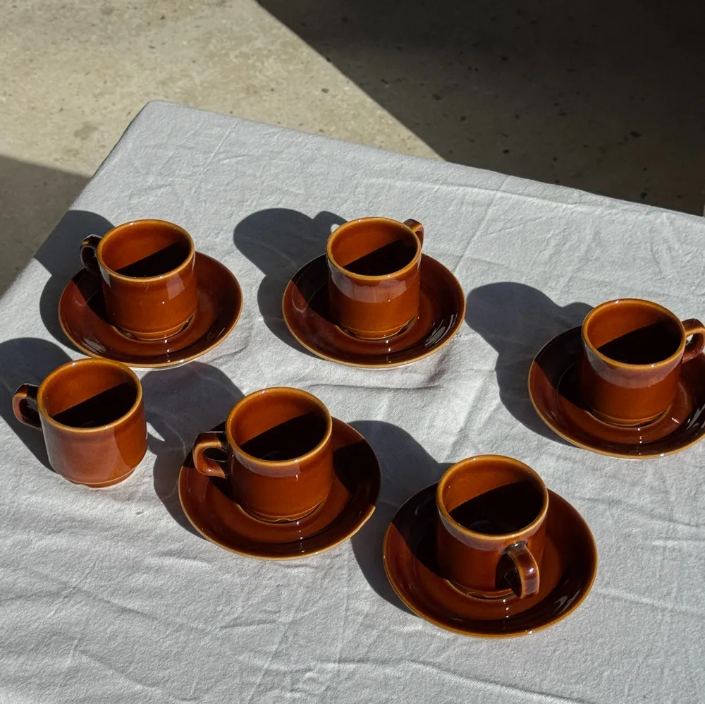 Mugs - Set of 6 vintage glazed brown ceramic espresso cups with saucer - OFFICE OBJETS
