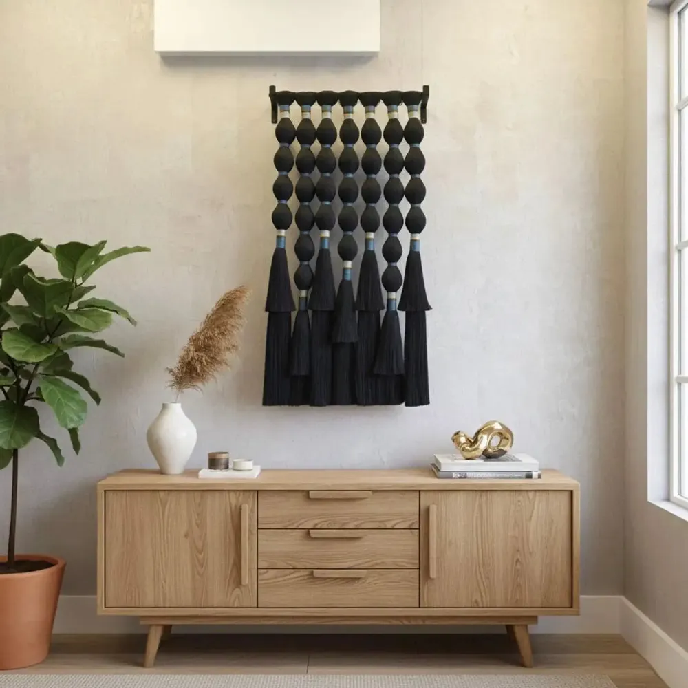 Autres décorations murales - Echo Noir : décoration murale en macramé cubique faite à la main - SARMAL DESIGN