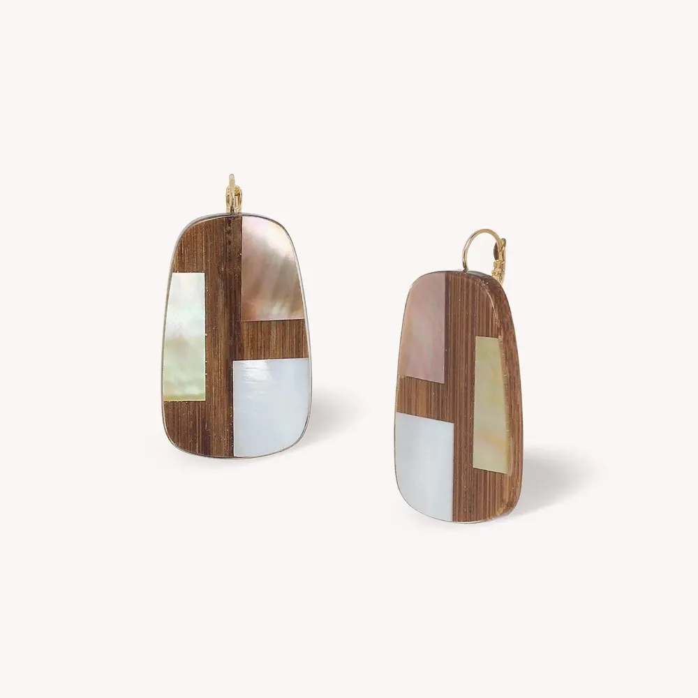 Bijoux - Boucles d'oreilles dormeuses rectangulaires bambou et nacre - Kamakura - NATURE BIJOUX