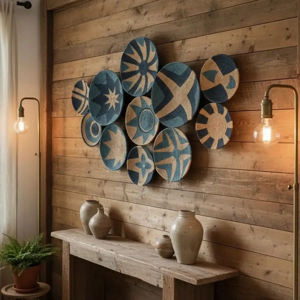 Autres décorations murales - Indigo Compass : ensemble de 11 assiettes murales en osier faites à la - SARMAL DESIGN
