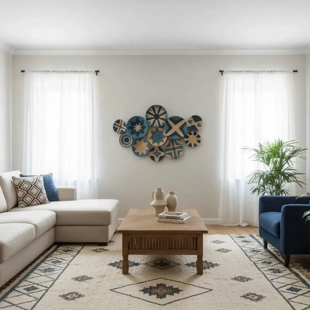 Autres décorations murales - Indigo Compass : ensemble de 11 assiettes murales en osier faites à la - SARMAL DESIGN