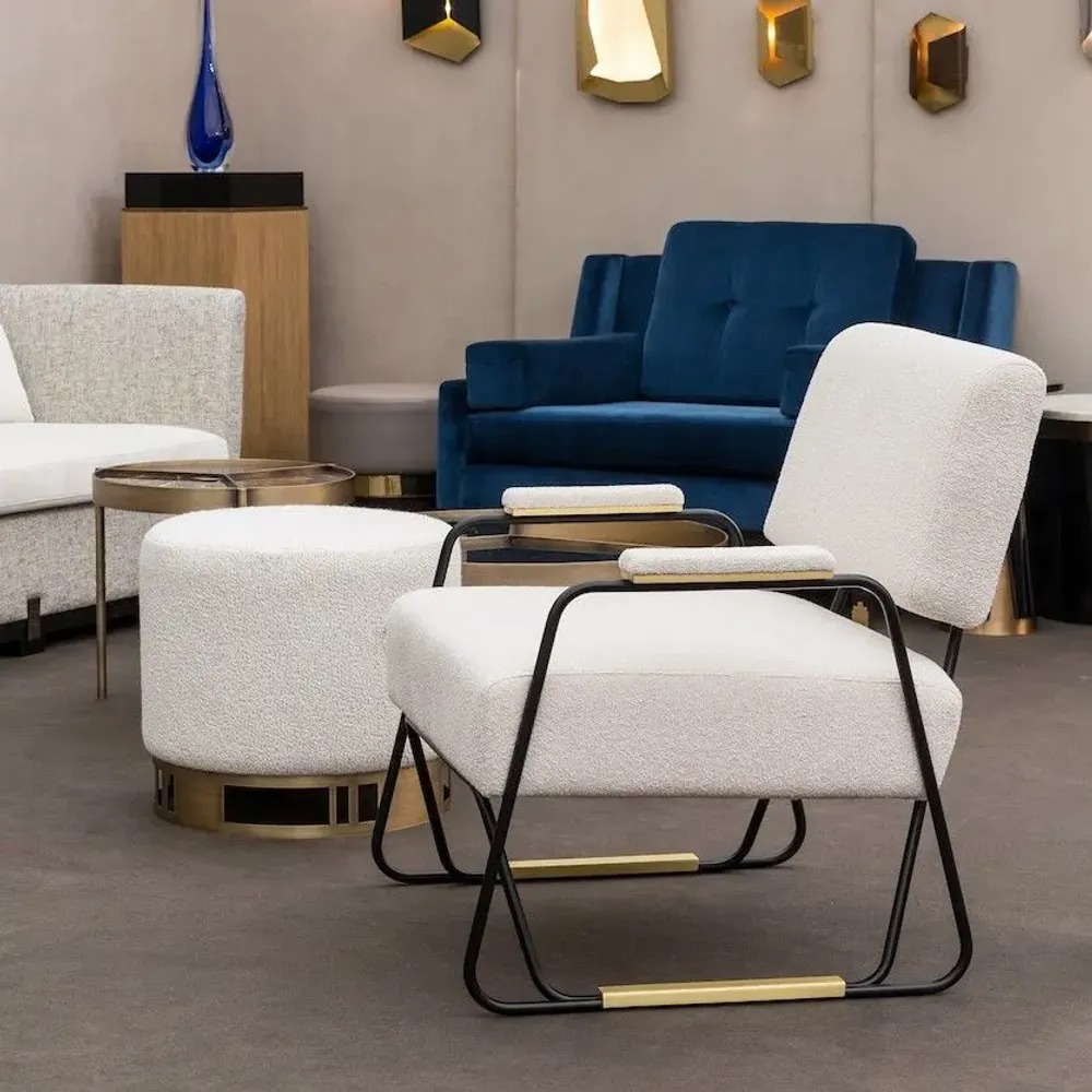 Tabourets pour collectivités - Pouf rond diam 50cm Escape, asisse tissu COM/COL option, base laiton - DUISTT
