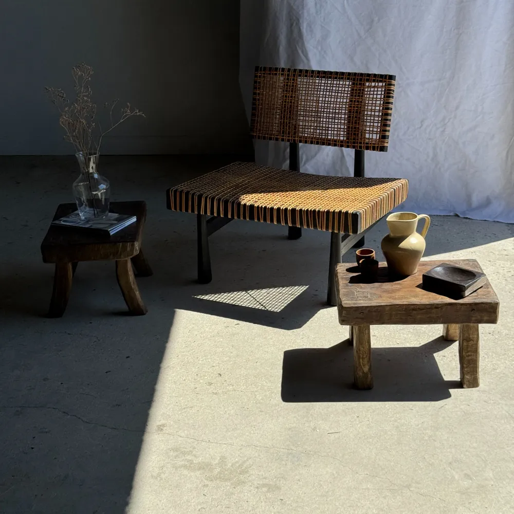 Stools - Small stool, wabi-sabi rectangular solid teak side stool - OFFICE OBJETS