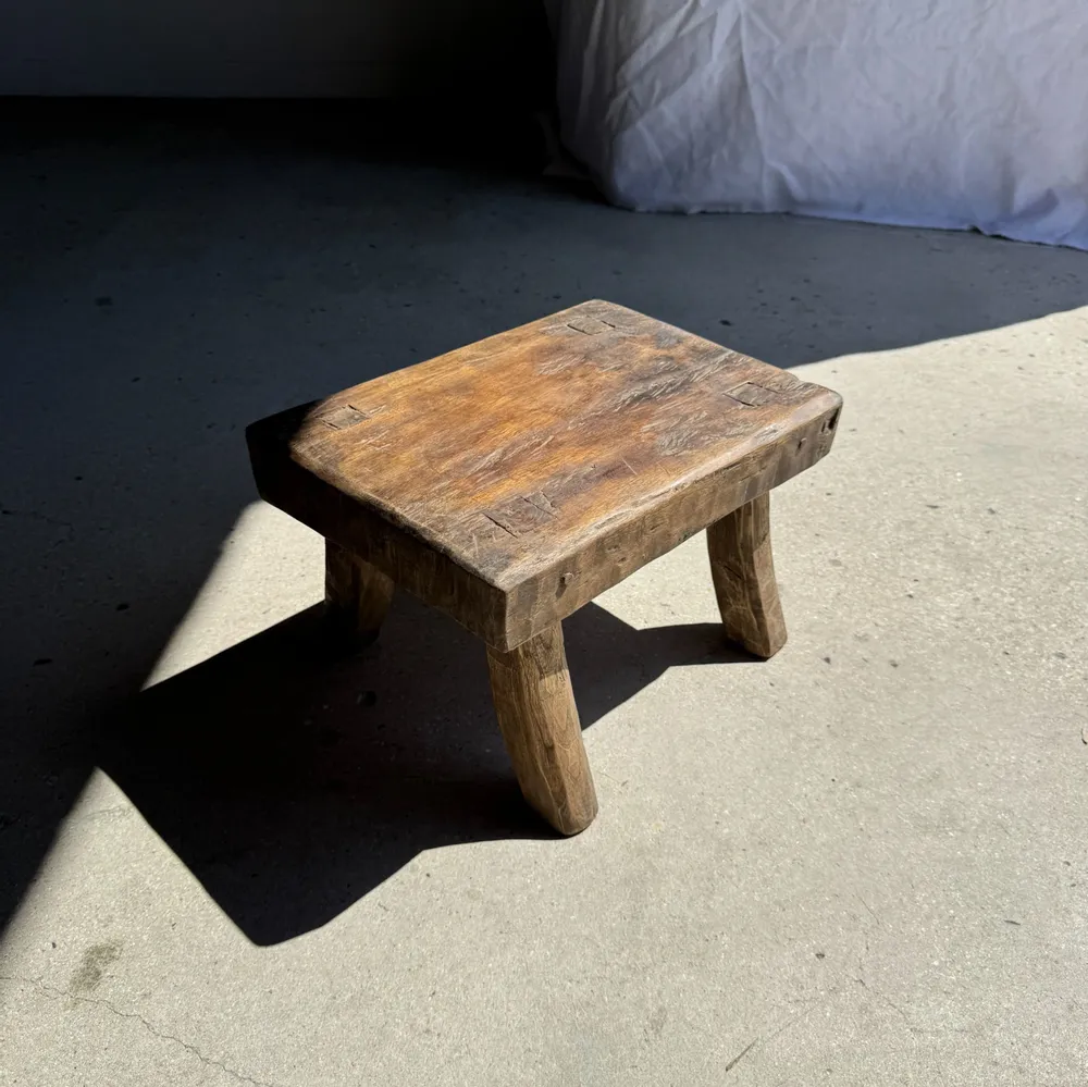 Stools - Small stool, wabi-sabi rectangular solid teak side stool - OFFICE OBJETS