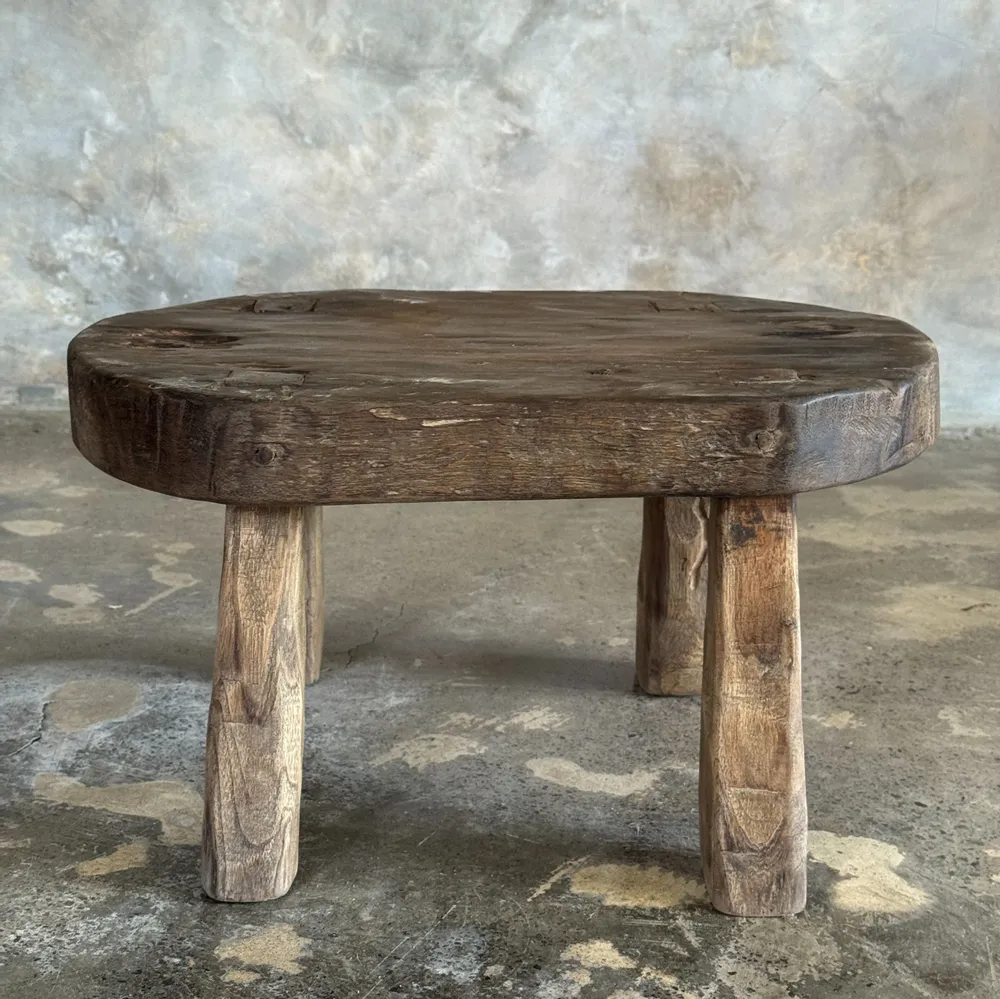 Bancs - Petit stool, tabouret d'appoint en teck massif ovale wabi-sabi H26 - OFFICE OBJETS