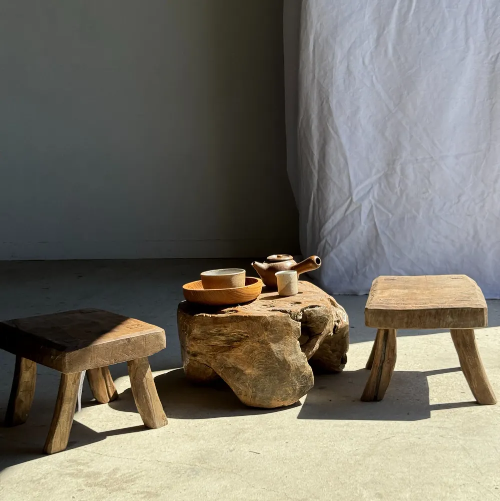 Stools - Small stool, rectangular wabi-sabi solid teak side stool - OFFICE OBJETS