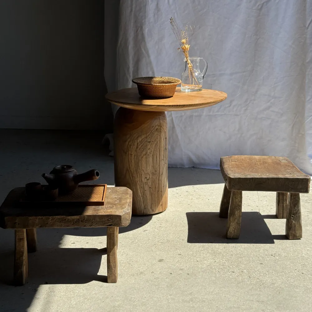 Stools - Small stool, rounded rectangular solid teak side stool - OFFICE OBJETS