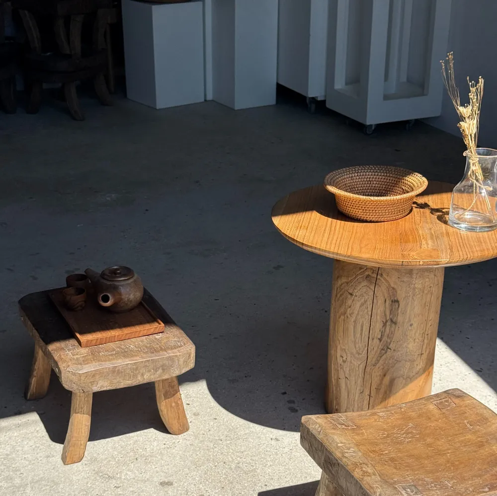 Stools - Small stool, rounded rectangular solid teak side stool - OFFICE OBJETS