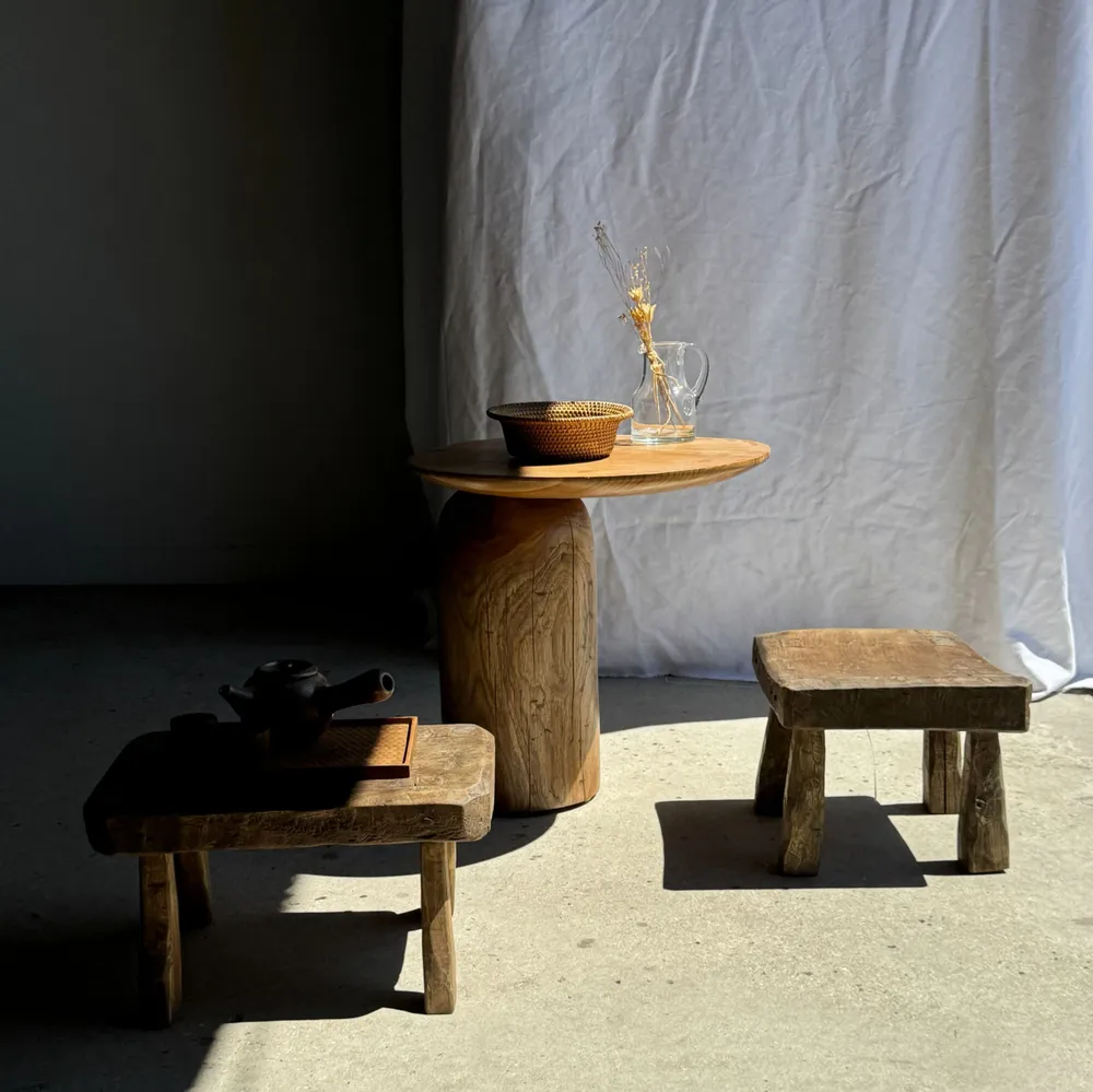 Stools - Small stool, rounded rectangular solid teak side stool - OFFICE OBJETS