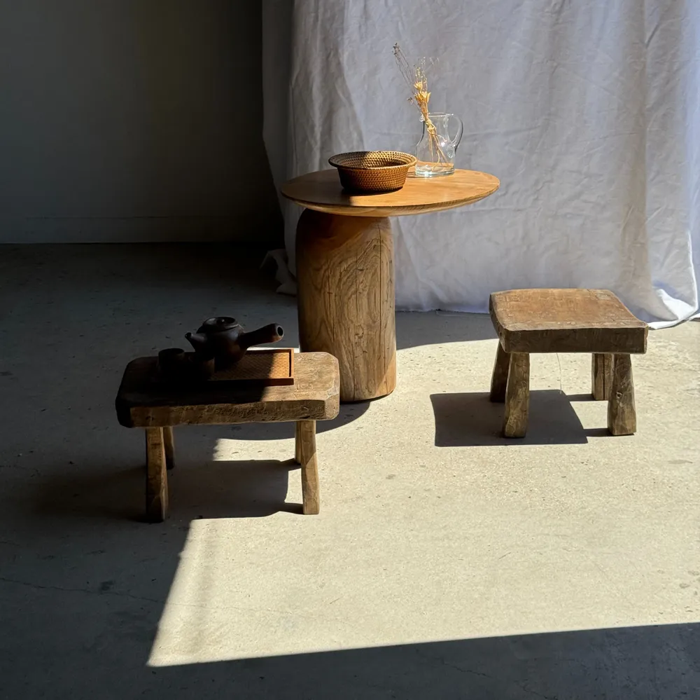 Stools - Small stool, square solid teak side stool with curved seat - OFFICE OBJETS