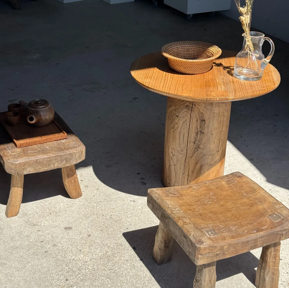 Stools - Small stool, square solid teak side stool with curved seat - OFFICE OBJETS