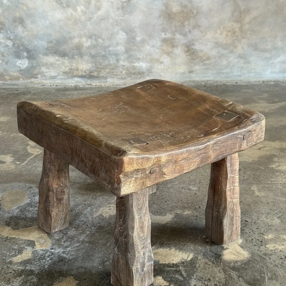 Stools - Small stool, square solid teak side stool with curved seat - OFFICE OBJETS