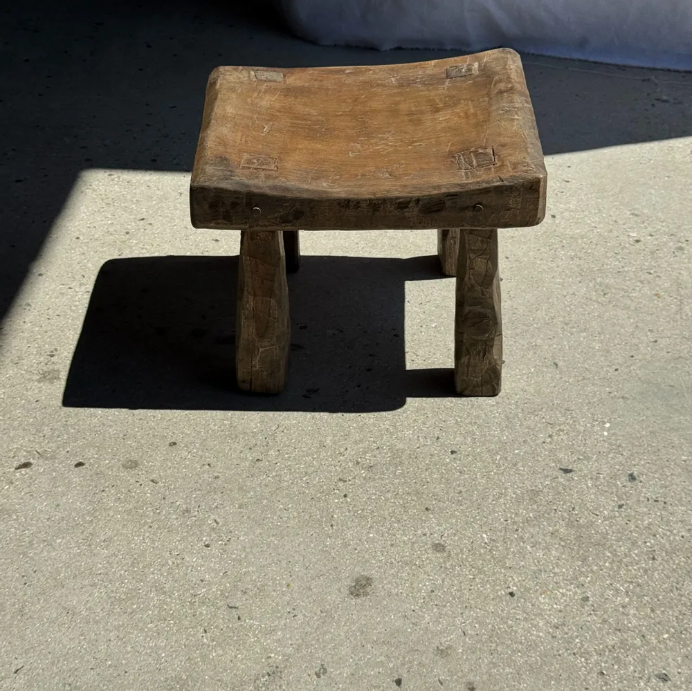 Stools - Small stool, square solid teak side stool with curved seat - OFFICE OBJETS