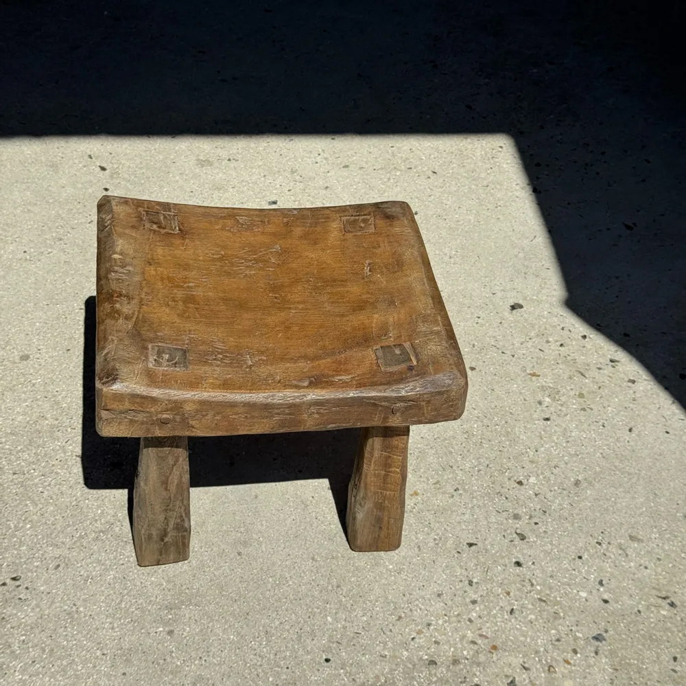 Stools - Small stool, square solid teak side stool with curved seat - OFFICE OBJETS