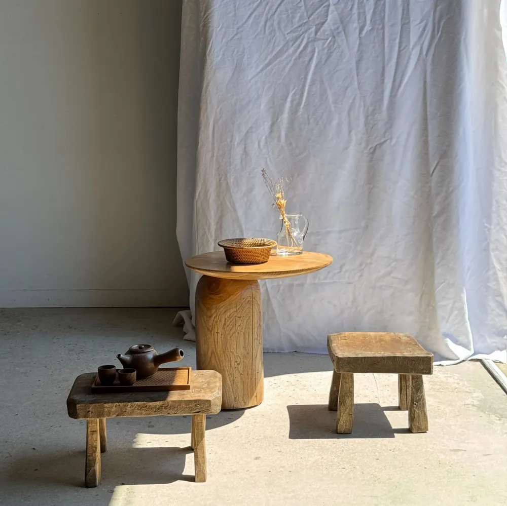 Stools - Small stool, square solid teak side stool with curved seat - OFFICE OBJETS