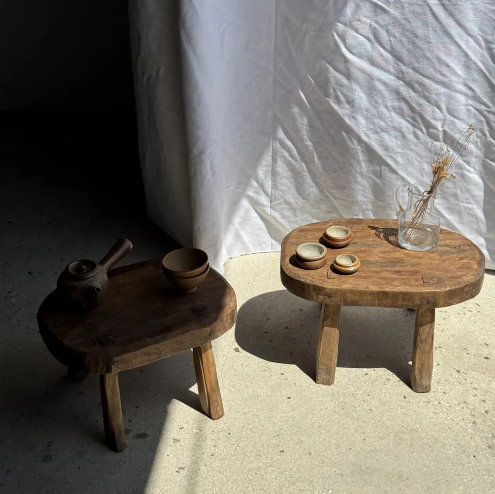 Tabourets - Petit stool, tabouret d'appoint en teck massif ovale assise bicolore - OFFICE OBJETS