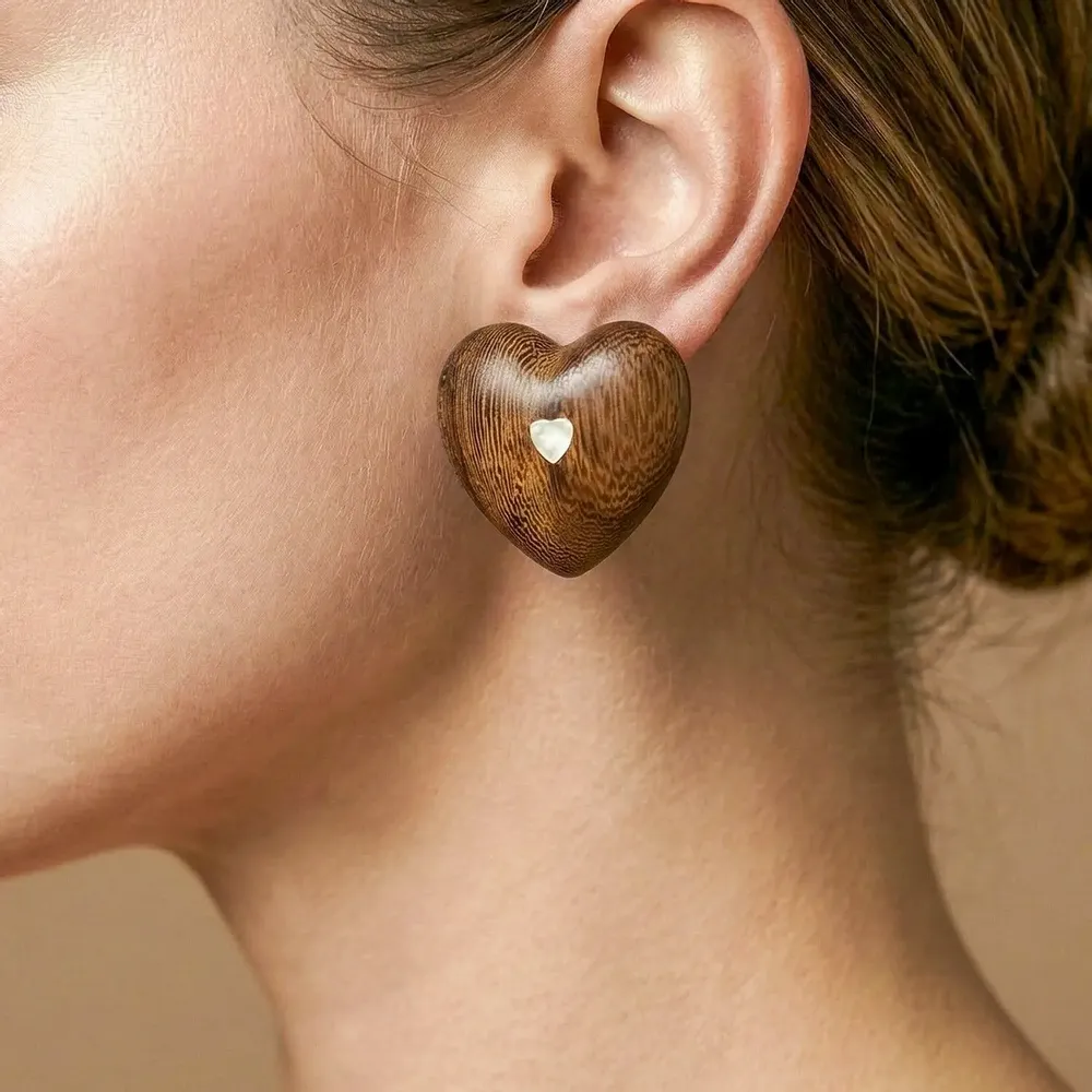 Bijoux - Boucles d'oreilles clips coeur bois de roblès - Wild Heart - NATURE BIJOUX