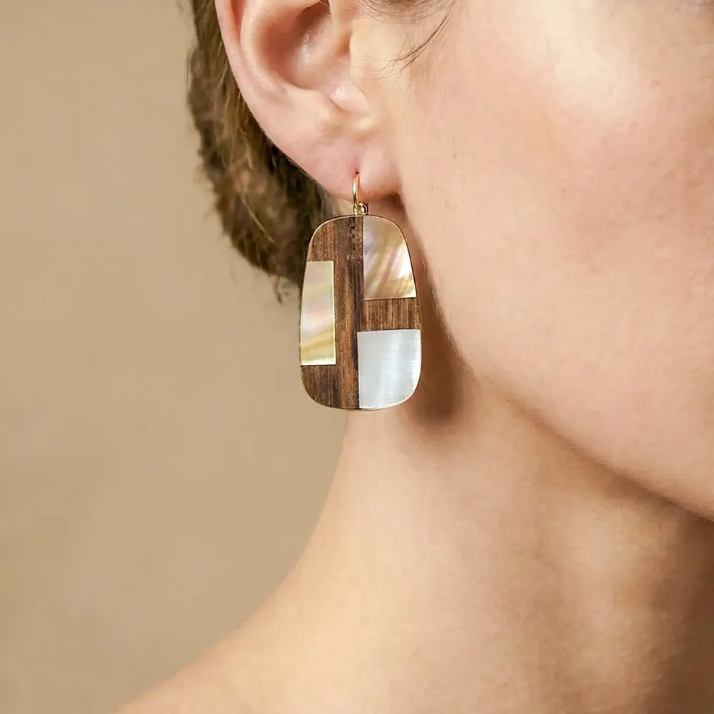 Bijoux - Boucles d'oreilles dormeuses rectangulaires bambou et nacre - Kamakura - NATURE BIJOUX